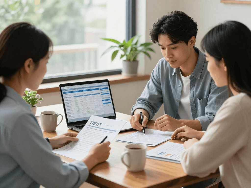Couple discussing debt consolidation with a financial counselor in a warm office.