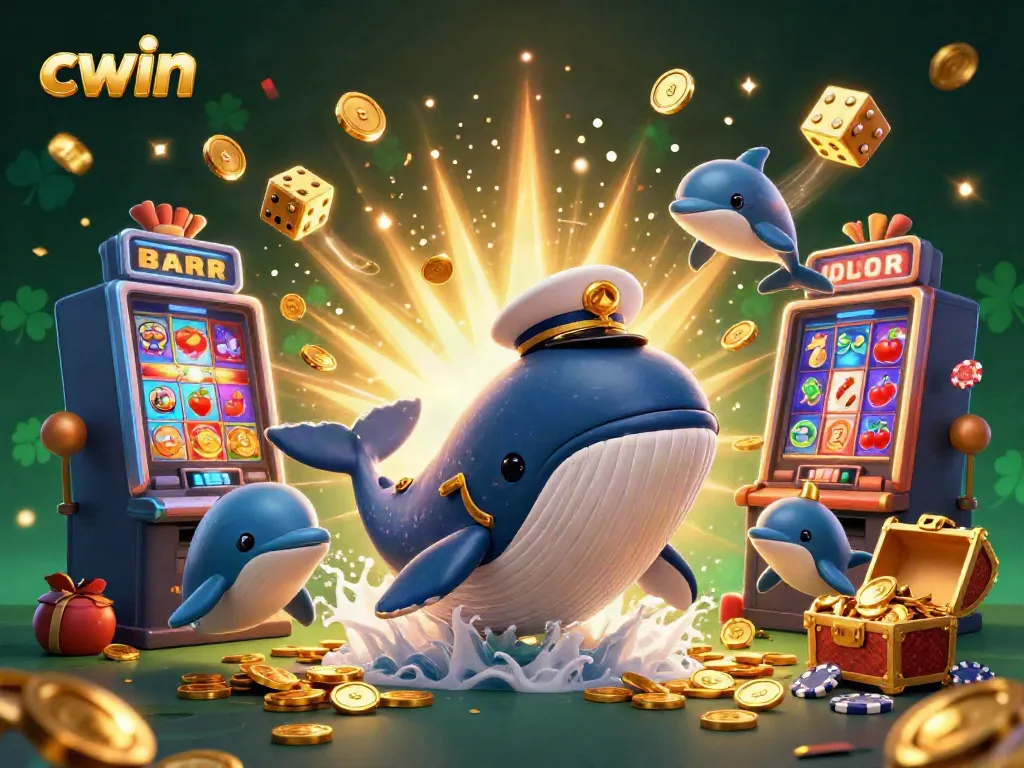 Experience thrilling wins at CWIN with a vibrant casino scene featuring a whale, narwhal, and dolphins.
