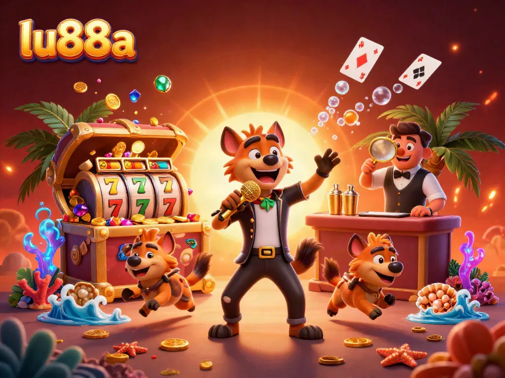Engaging scene with lu88a hyenas at a vibrant casino, highlighting slot machines and comedy elements.