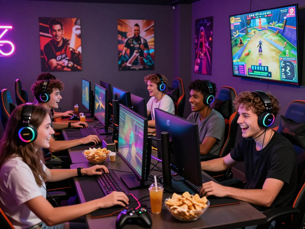 Friends enjoying a thrilling session of 3D porn game in a vibrant gaming lounge.
