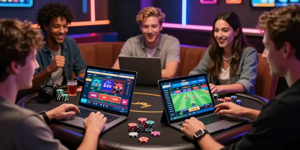 DEBET online gaming experience with friends enjoying digital casino games and sports betting.