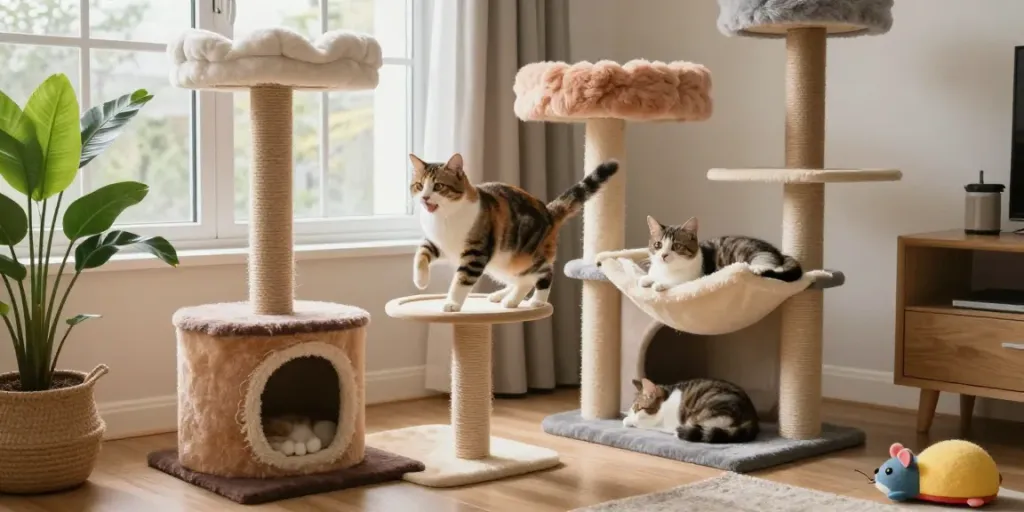 Playful cats enjoying a stylish cat tower cat tree in a cozy living room