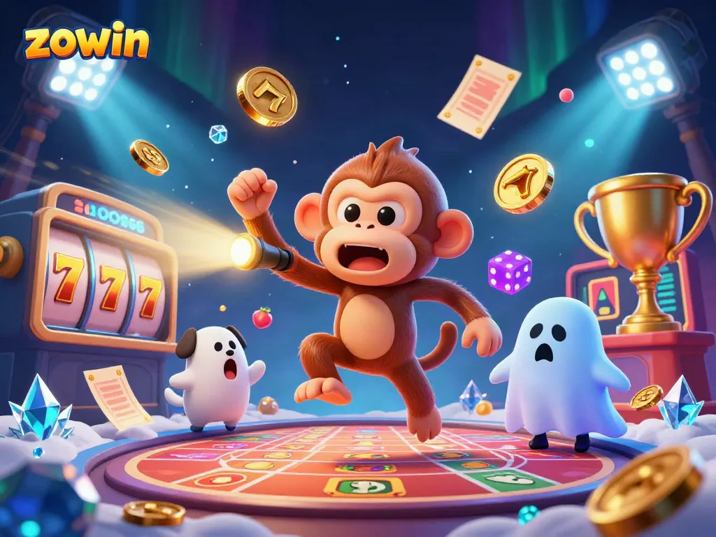 Experience the thrill of Zowin with a mischievous monkey juggling golden objects in a haunted casino