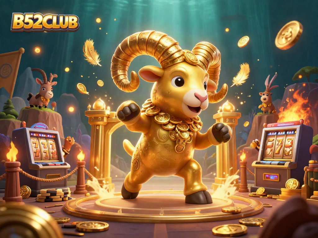B52CLUB showcases thrilling casino vibes with a golden ram charging amidst slot machines and gold tokens.