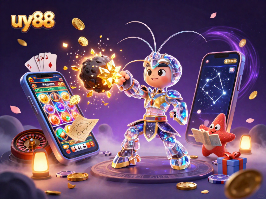 Spin to win with uy88's colorful slot game on a dazzling 3D illustration featuring a galactic mantis shrimp and starfish!