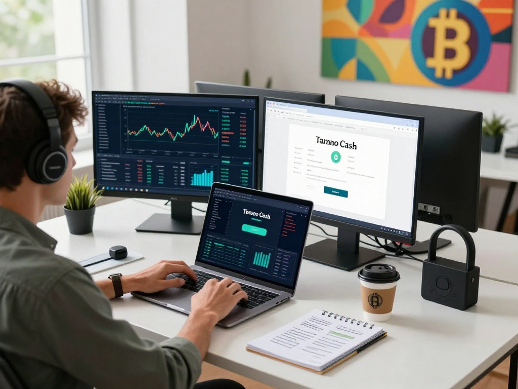 Tornardocash privacy transactions in a digital workspace with modern technology and creative elements.