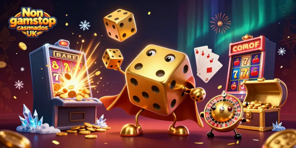 Engage with vibrant Non gamstop casinos UK illustration showcasing golden dice, slots, and dynamic casino elements.
