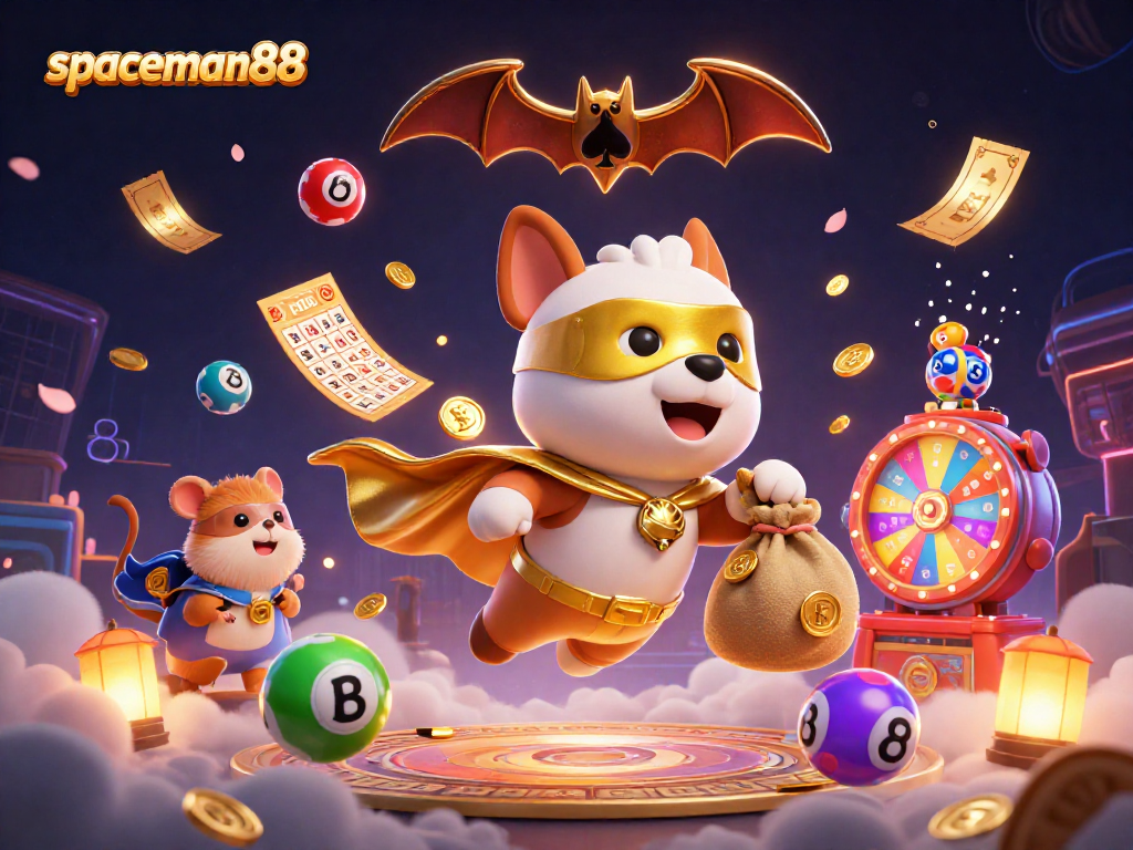 Win big with spaceman88 as a superhero dog flies amidst dynamic lottery elements.