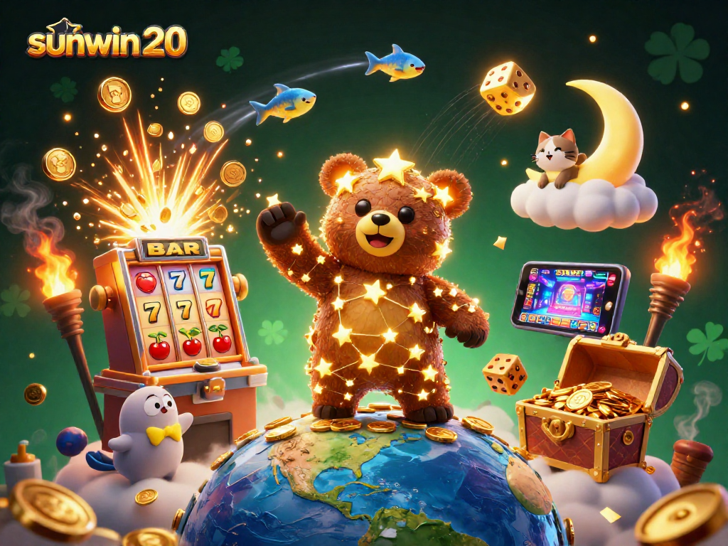 Experience thrilling wins at sunwin 20 with vibrant 3D casino elements and a constellation bear.