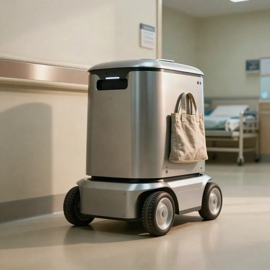Delivery robot rounds a ward corridor with a sealed pod and linen tote, shot low in motion.