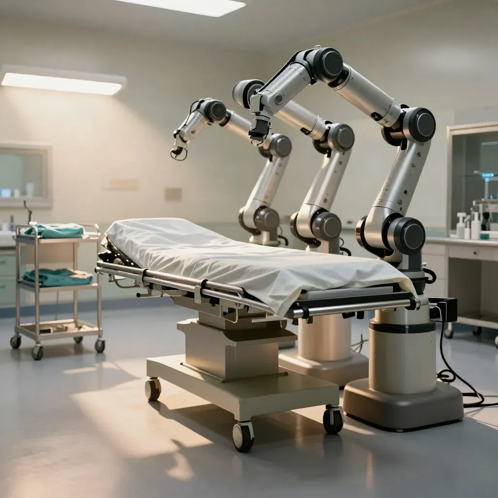 Robotic surgical arm beside an operating table in a bright empty theatre bay