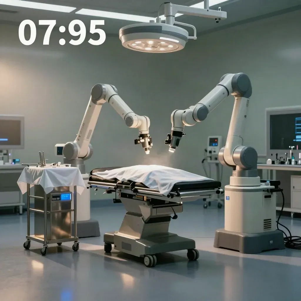 Robotic surgery system in a misty OR with twin articulated arms and theatre equipment
