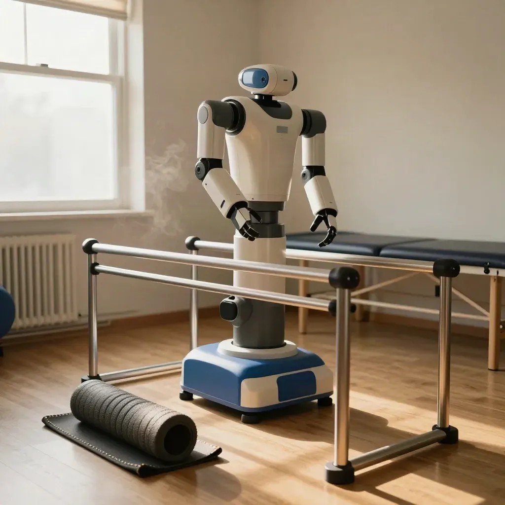 Upper-limb rehab robot beside therapy bars, foam rollers and a folded gait mat in a quiet ward room.