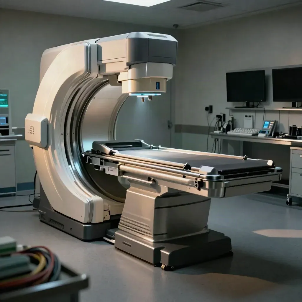 Low-angle medical imaging suite with console tower, scan cradle and dim display bank.