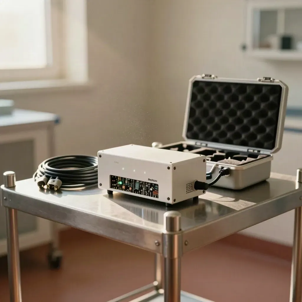 Maintenance trolley with medical robotics service kit in a bright equipment bay