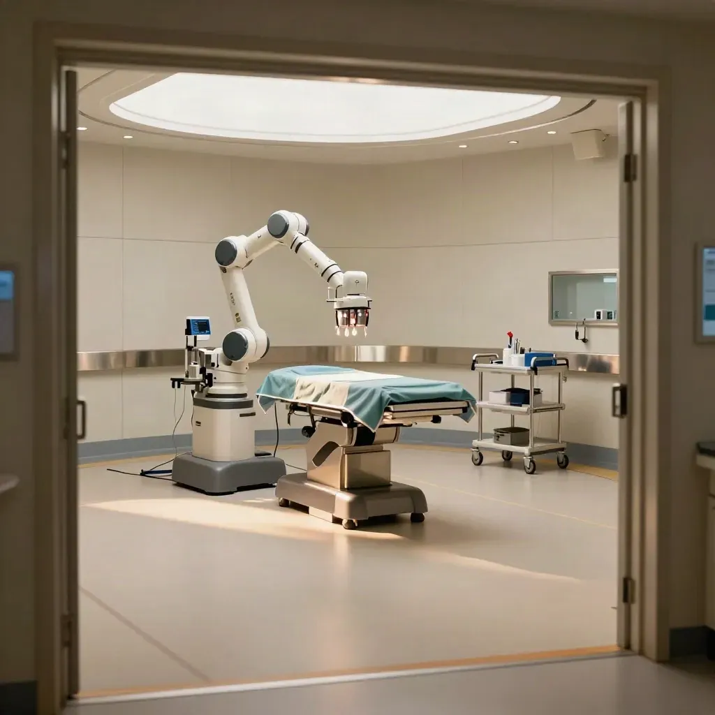Empty London clinic theatre with surgical robot arm, instrument tower and draped table