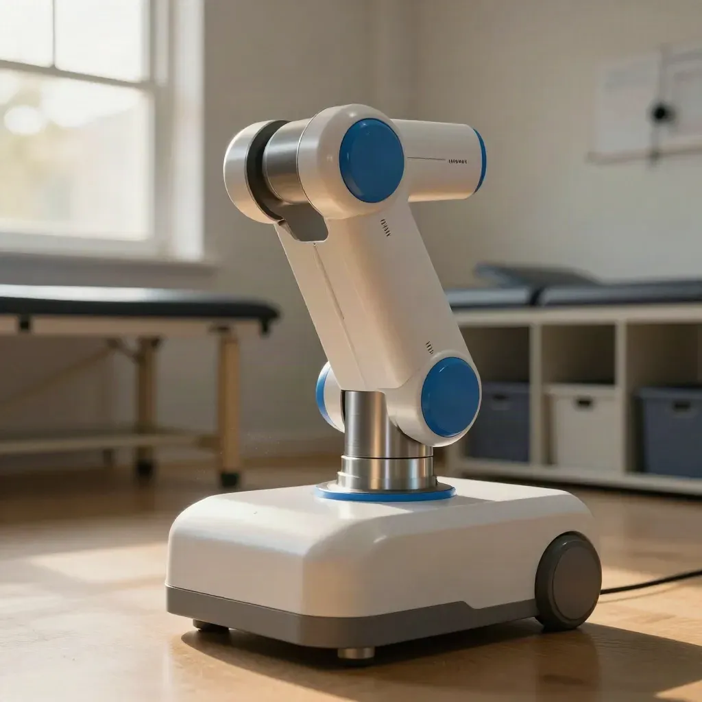 Macro of a rehab robot base in a Manchester therapy unit, with bars, mats and cubbies softly blurred.