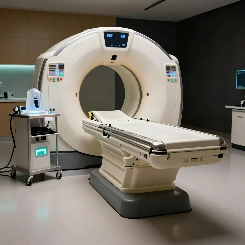 CT triage bay with console, coil cradle, calibration phantom and glowing gantry in a quiet hospital suite