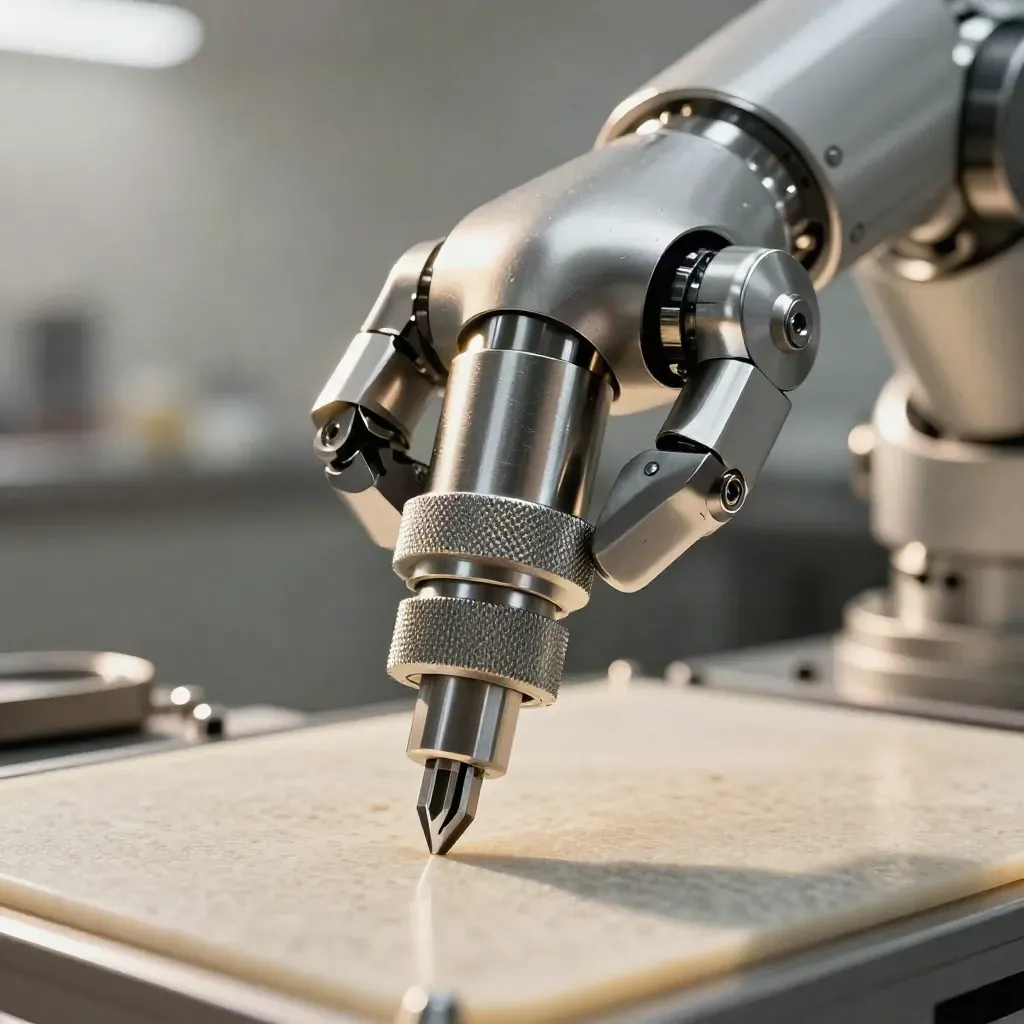 Extreme macro of a robotic wrist, titanium end-effector and hex keys on a sterile surgical mat.