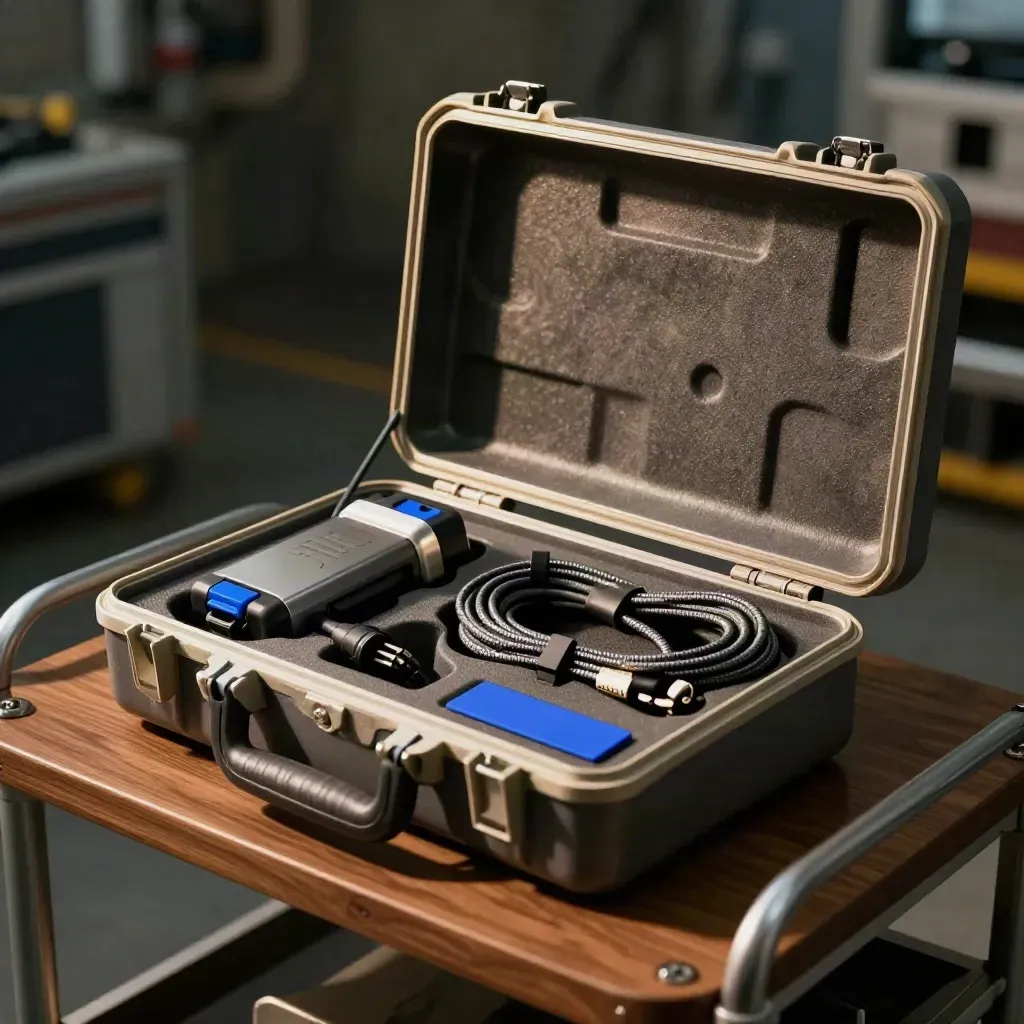 Open service case with robotic handset cradle, actuator, cable harness and cleaning strip