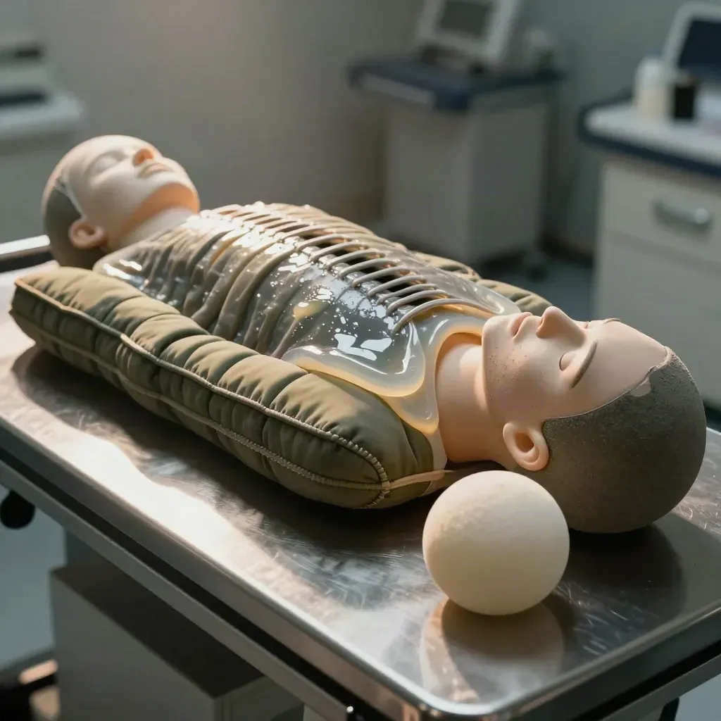 MRI phantom, coil padding, gel pad and calibration sphere on a stainless bench in cool light.