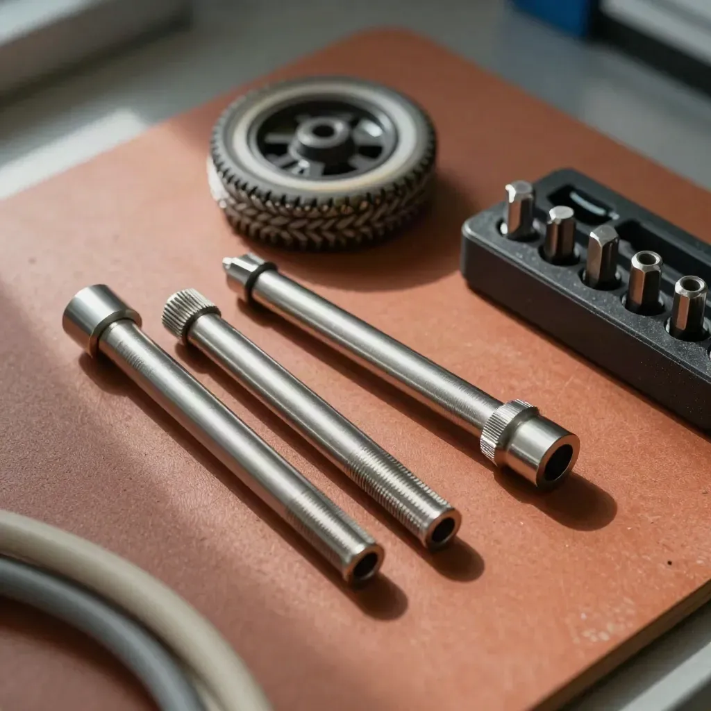 Overhead toolkit on a terracotta mat with ferrules, caster wheel, cable wrap, and torque bits.