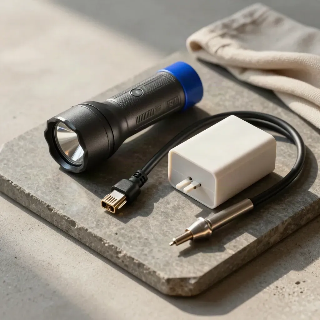 Flashlight, patch cable, adapter block, and probe on a stone tray with linen cloth.