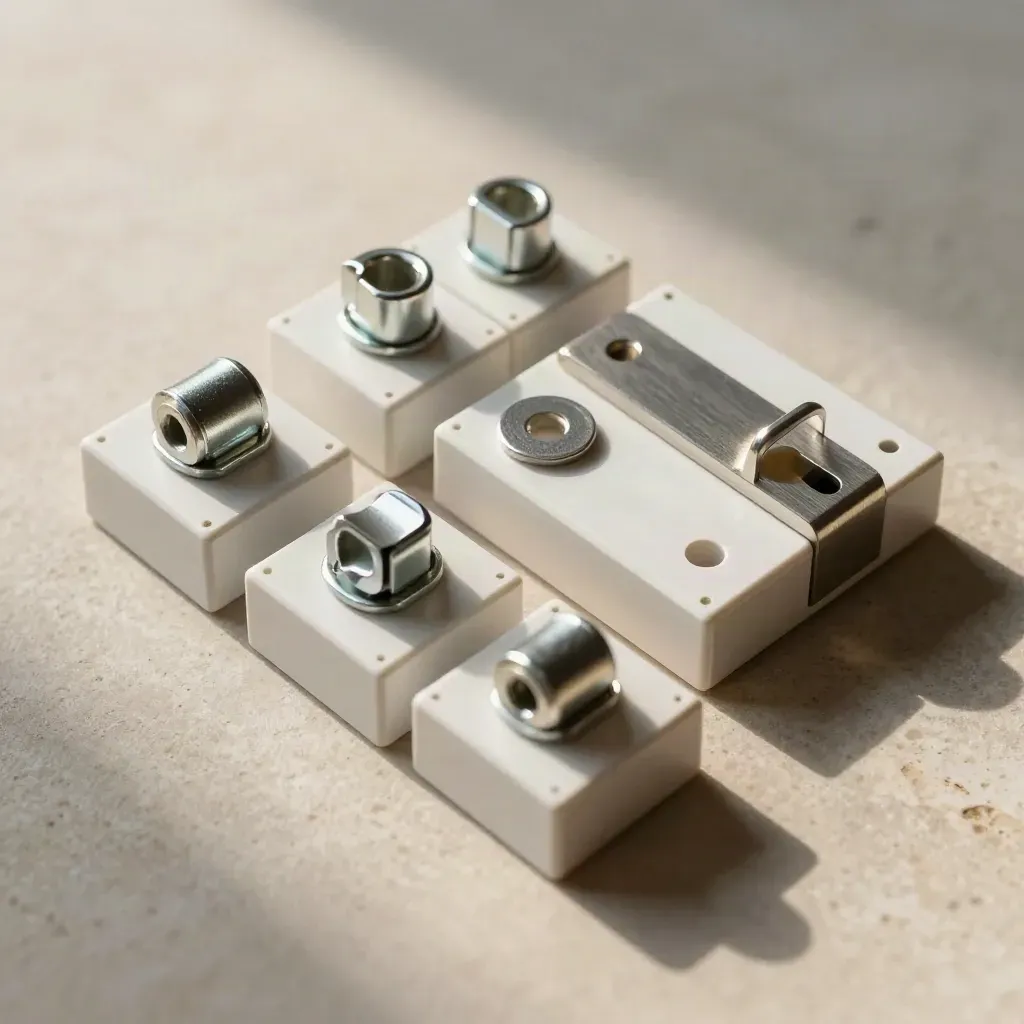 Overhead flatlay of install-planning parts: blocks, ferrules, bracket, and service token on pale stone.