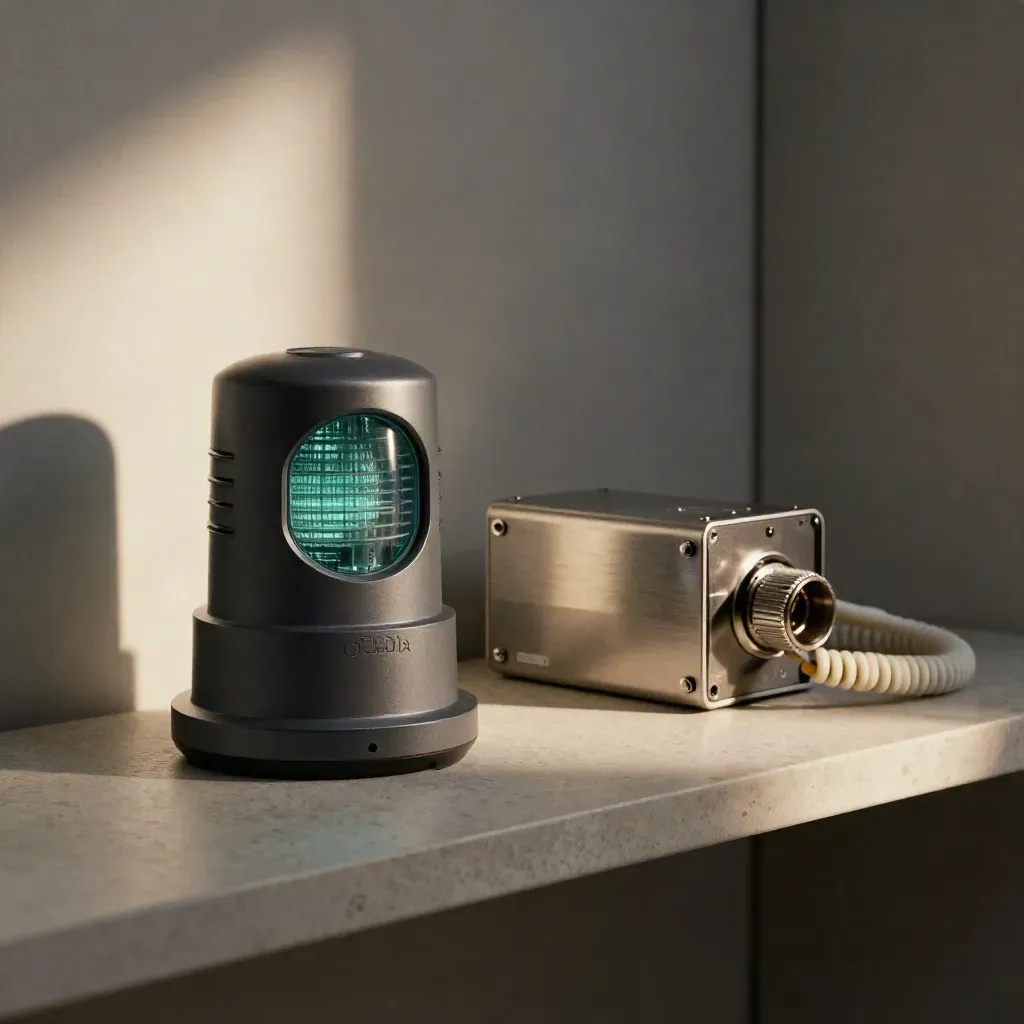 Beacon, drive module, connector and diagnostic lead on a stone maintenance shelf with teal accents.