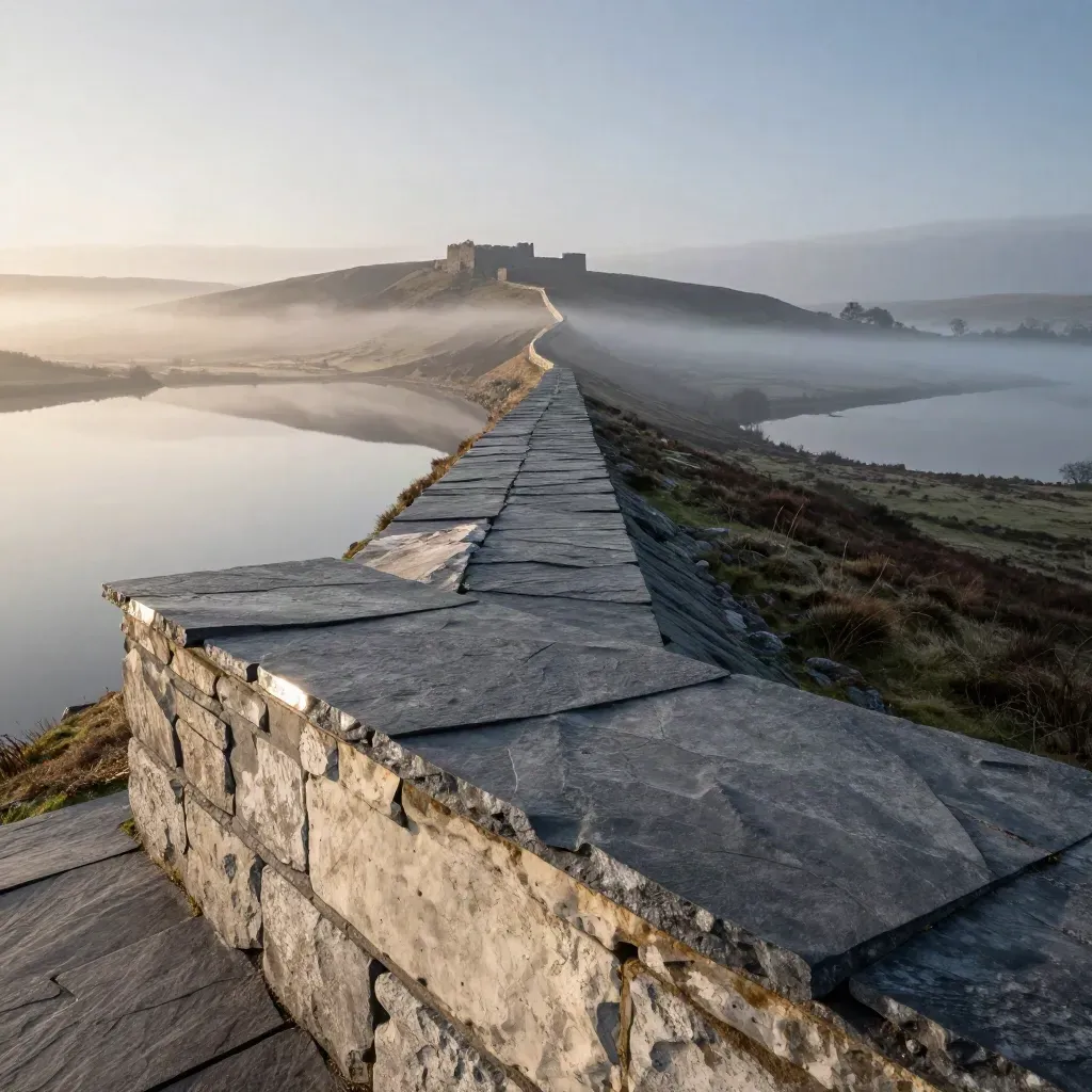 Slate ridge above misty water with distant stone skyline at dawn
