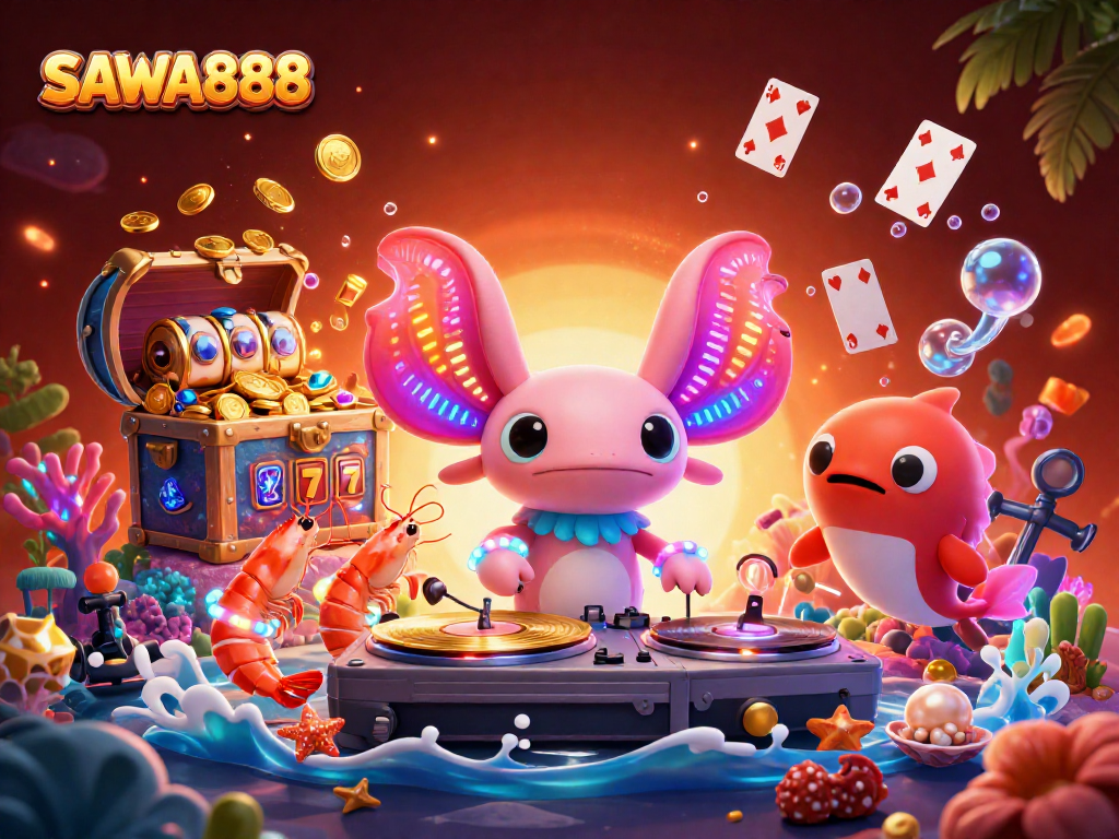 Spin gold slots at SAWA888 with a vibrant underwater DJ scene featuring lively characters.
