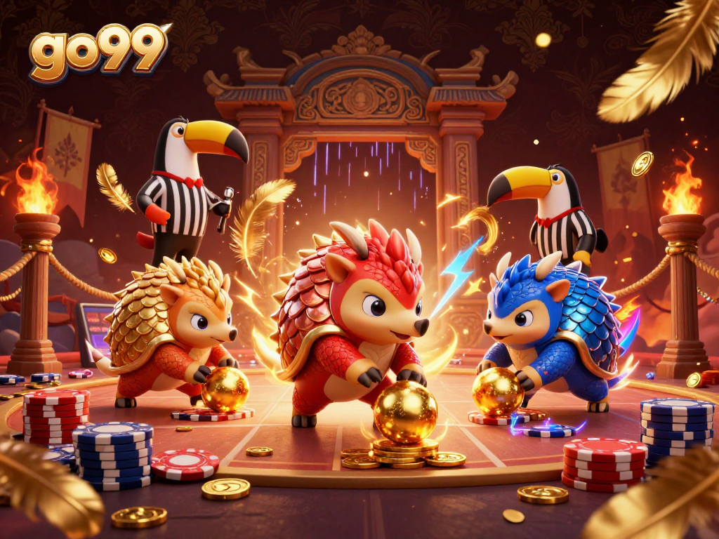 Engage in exhilarating games at go99's dynamic casino featuring rival pangolins and poker chips.