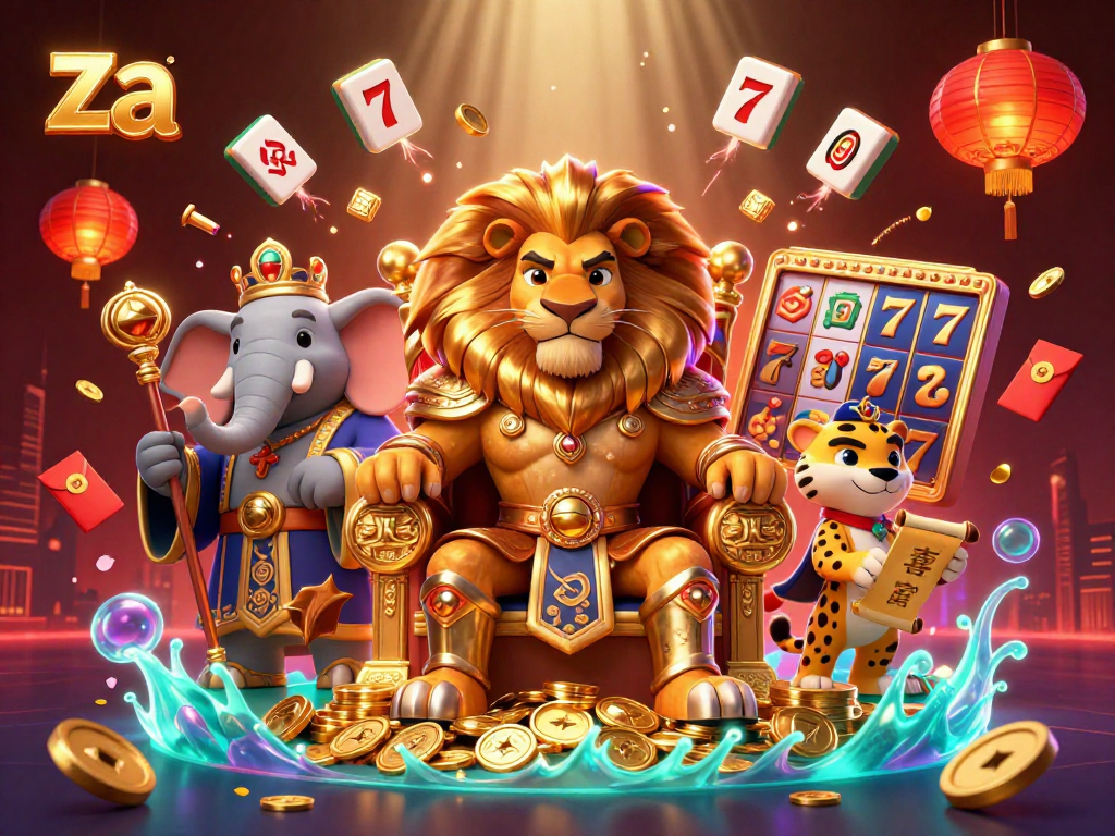 Experience the thrilling world of za with a vibrant scene featuring a lion king, wise advisor, and quick messenger amidst exhilarating elements