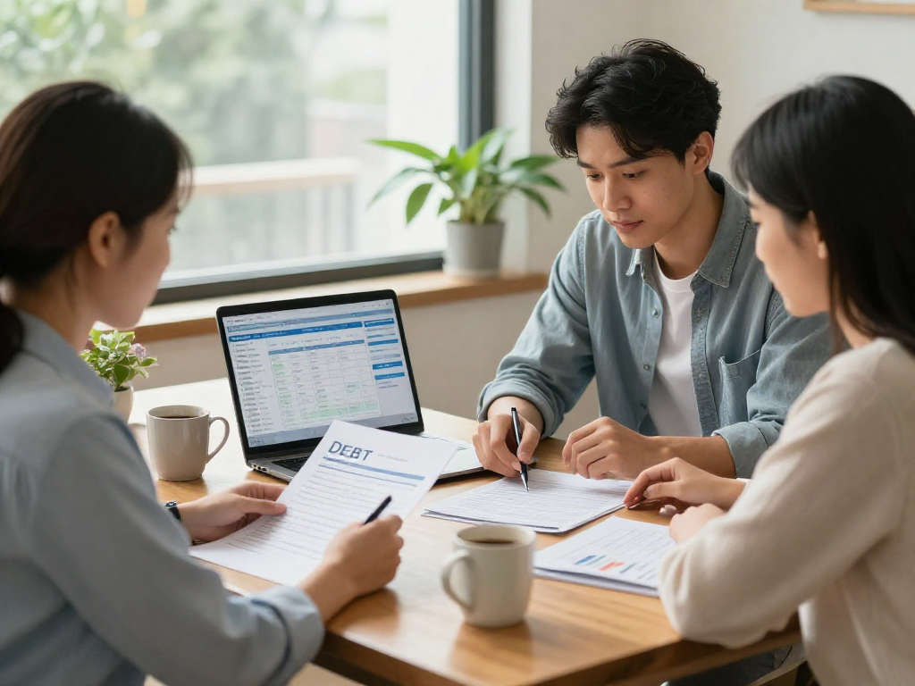 Couple discussing debt consolidation with a financial counselor in a warm office.
