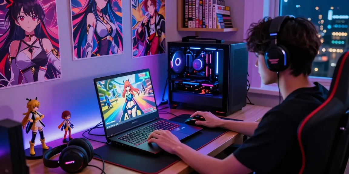 Player immersed in a vibrant gaming setup, featuring a popular hentai game on a glowing laptop.