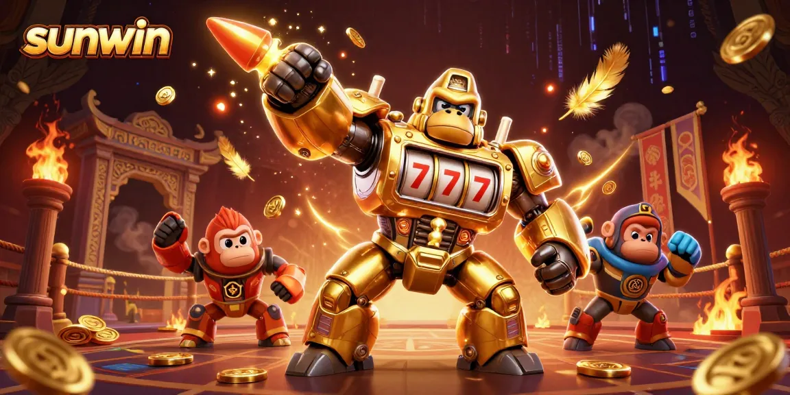 Experience sunwin's thrilling gaming action with a dynamic golden gorilla mech and slot machine elements exploding with excitement.