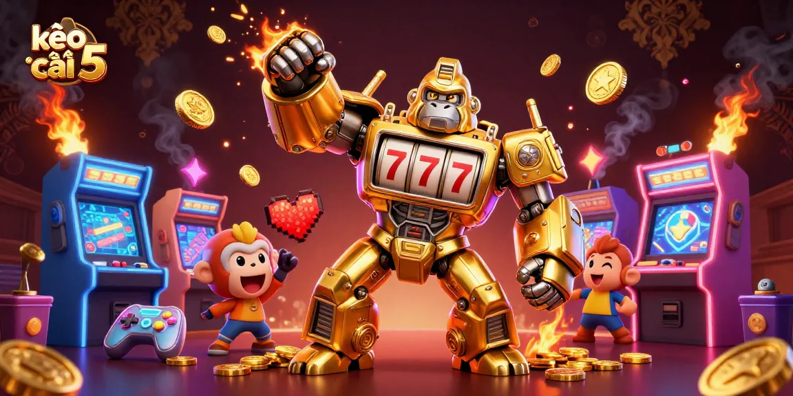 Discover exhilarating action with kèo nhà cái 5 and a golden gorilla mech in a vibrant casino scene.