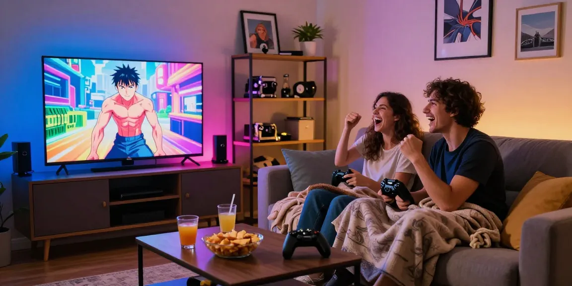 Couple enjoying ecchi games on a big screen with snacks and cozy ambiance.