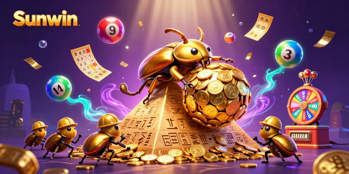 Sunwin gaming experience featuring a golden dung beetle and dynamic lottery elements.