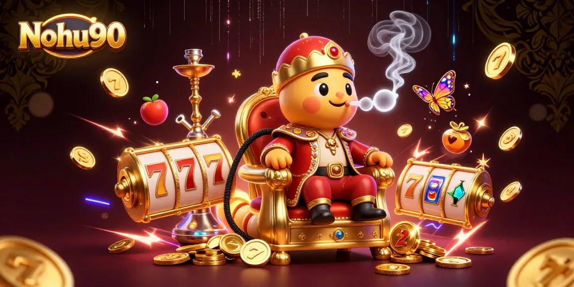 Nohu90 enhances the slot gaming experience with a vibrant 3D illustration of a whimsical caterpillar character amidst jackpot symbols.