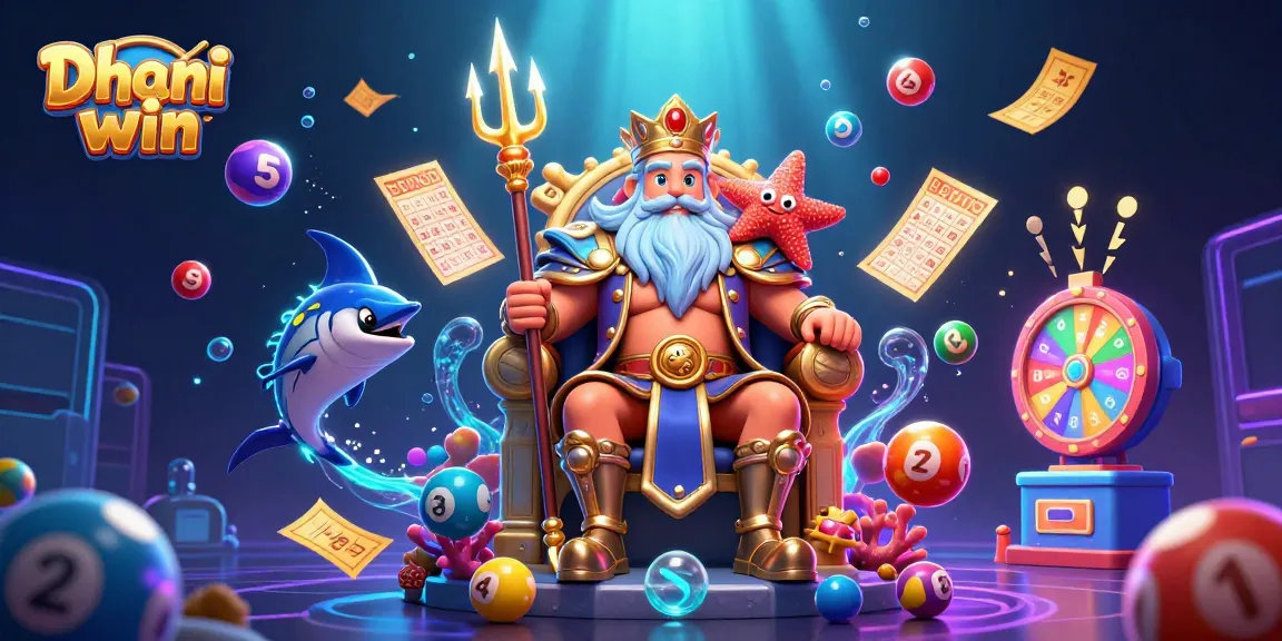 Dhani win lottery players enjoying vibrant games with golden tickets and colorful balls in an engaging underwater scene.