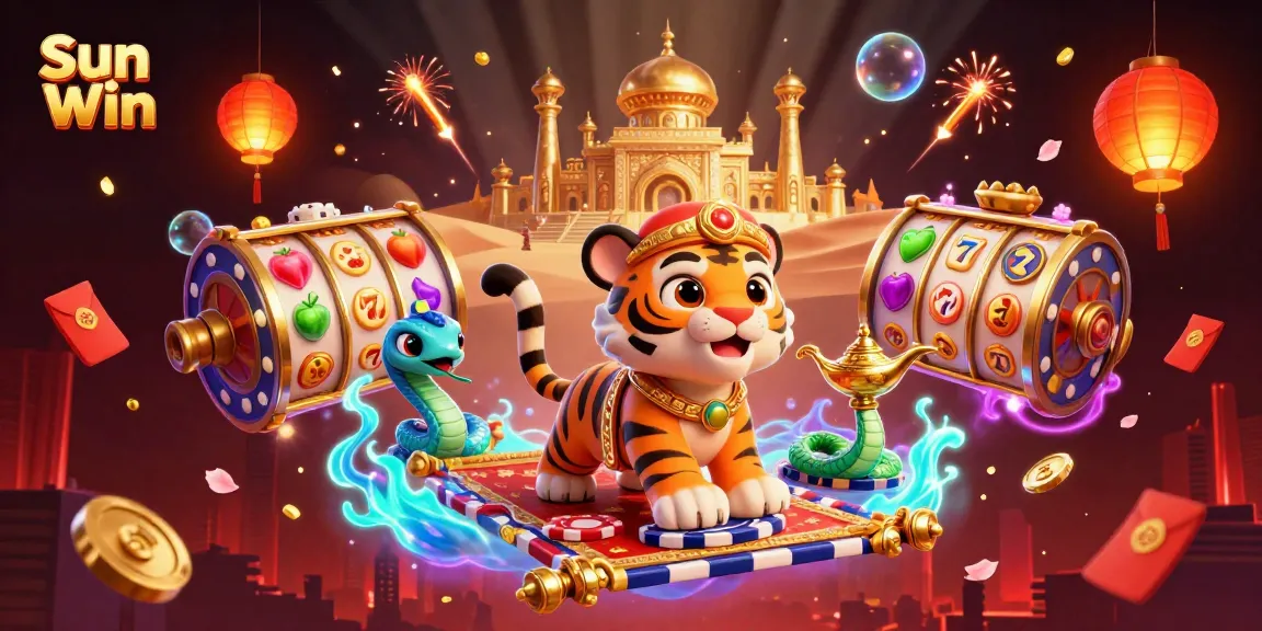 Experience thrilling casino gameplay with Sun Win's vibrant slots and animated characters in a captivating scene.